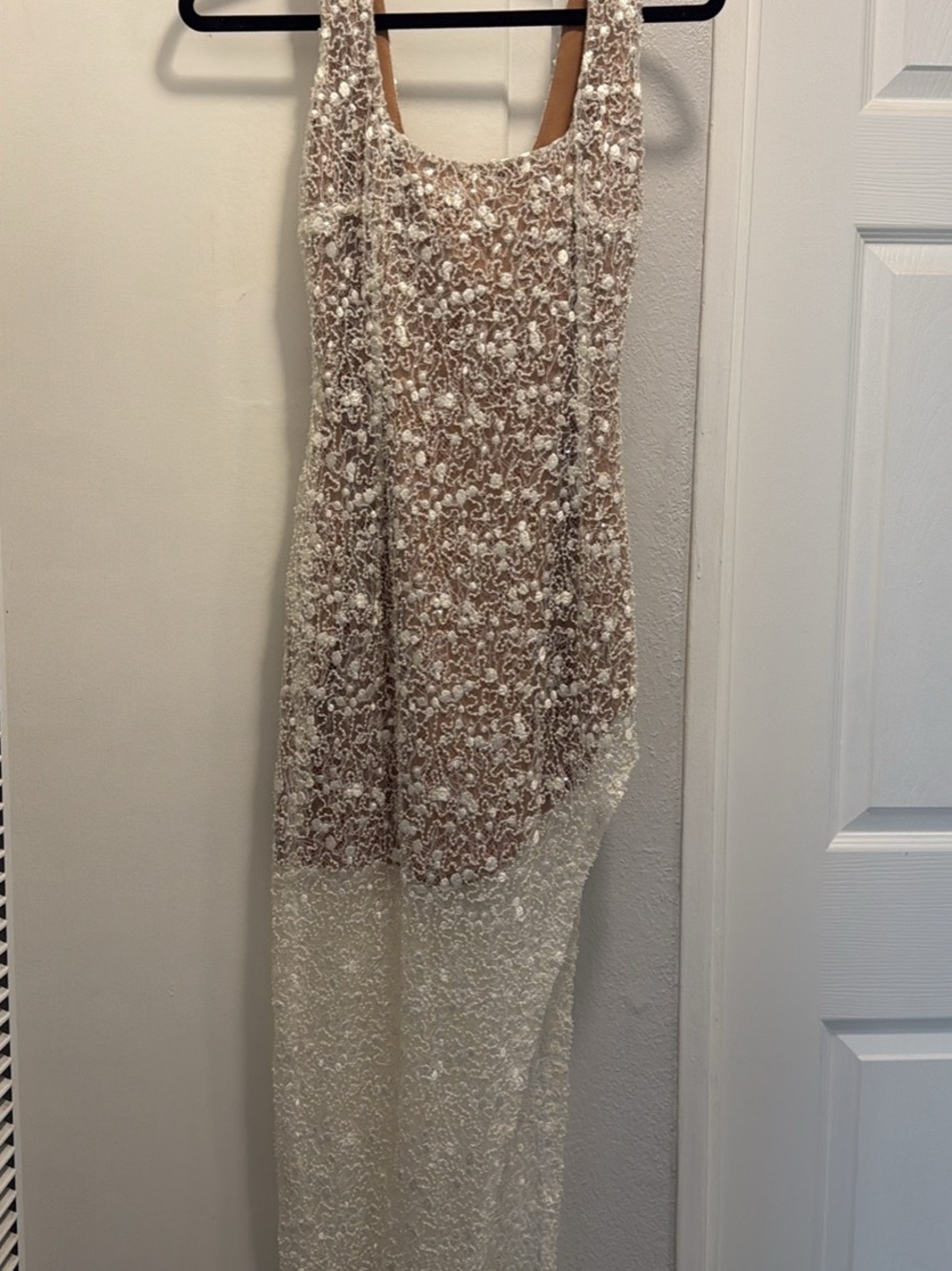 NADINE MERABI Ivory Lace Overlay Asymmetrical Dress